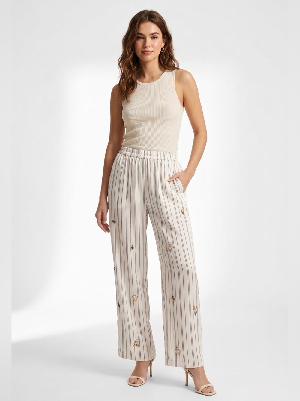 Anthropologie Embellished Striped Satin Pajama Pants | Small Petite (SP)
